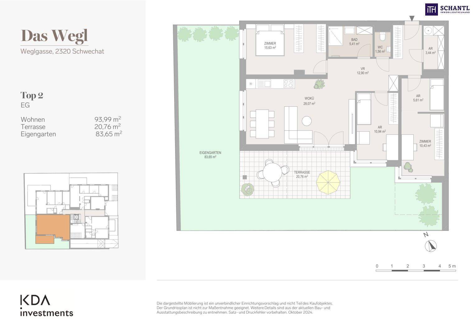Grundriss der Erdgeschosswohnung mit offenem Wohnbereich, zwei Schlafzimmern, Bad, separatem WC, großer Terrasse und privatem Garten.