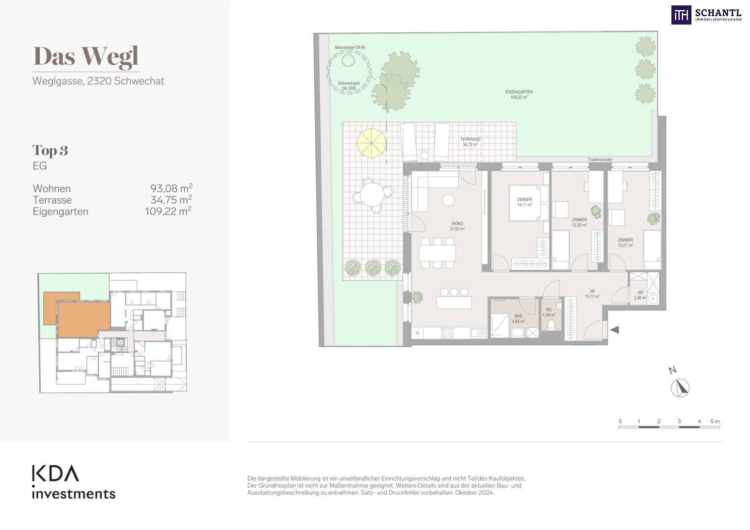 Grundriss einer Erdgeschosswohnung mit offenem Wohnbereich, drei Schlafzimmern, zwei Bädern, großer Terrasse und privatem Garten.