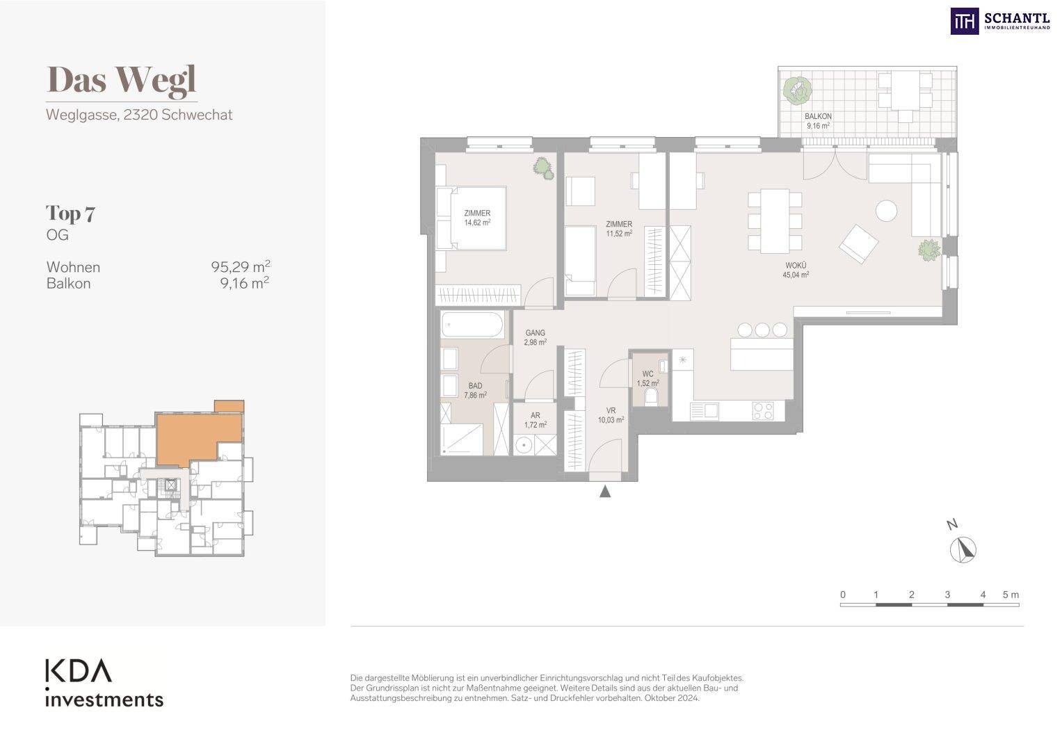 Grundriss einer Wohnung mit offenem Wohn-Essbereich, zwei Schlafzimmern, Bad, separatem WC und Balkon.