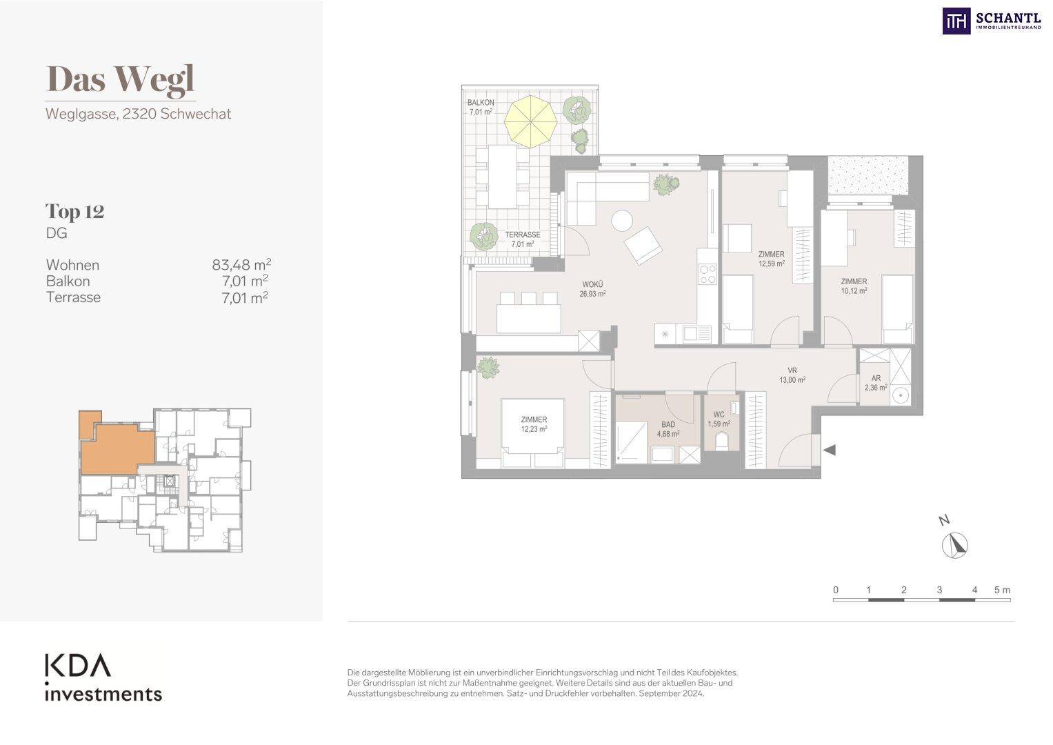 Grundriss einer Wohnung mit offenem Wohnbereich, drei Zimmern, Bad, separatem WC, Abstellraum, Balkon und Terrasse.