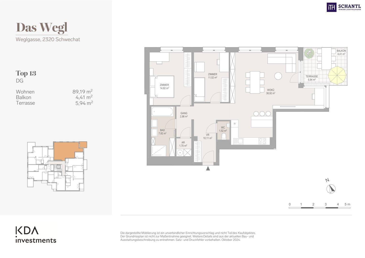 Detaillierter Grundriss einer Wohnung mit drei Schlafzimmern, offenem Wohnbereich, Bad, separatem WC, Balkon und Terrasse.