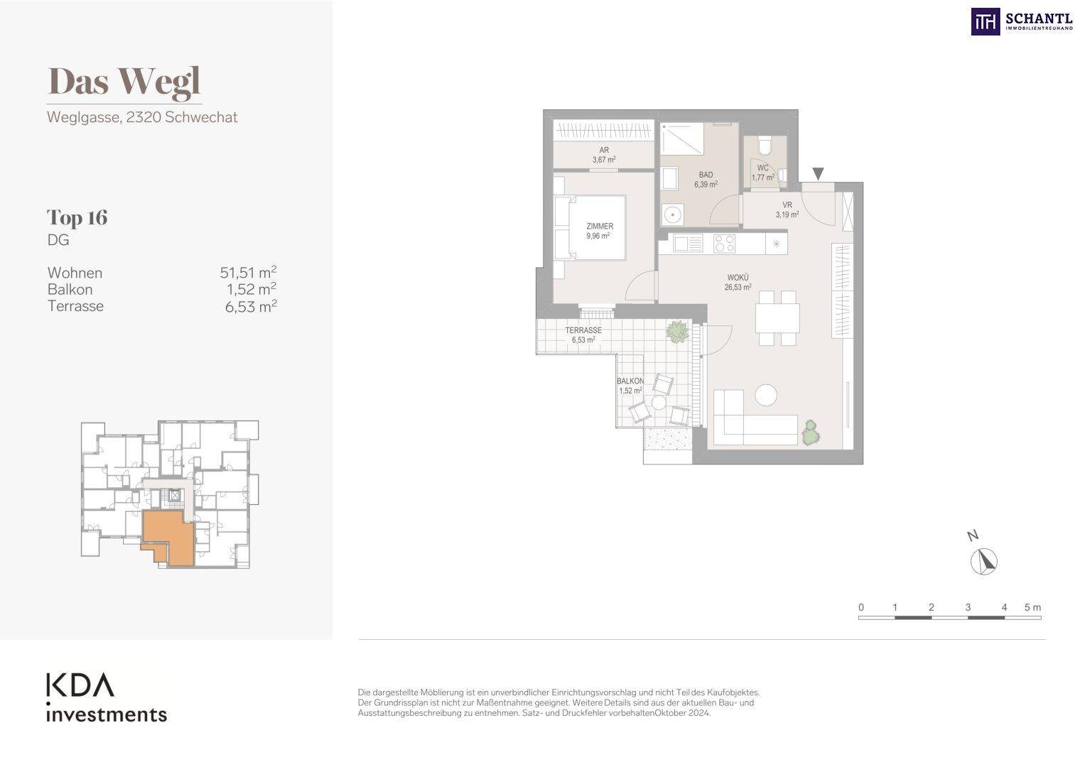 Grundriss einer Dachgeschosswohnung mit offenem Wohn-Essbereich, einem Schlafzimmer, Bad, WC, Abstellraum, Balkon und Terrasse.