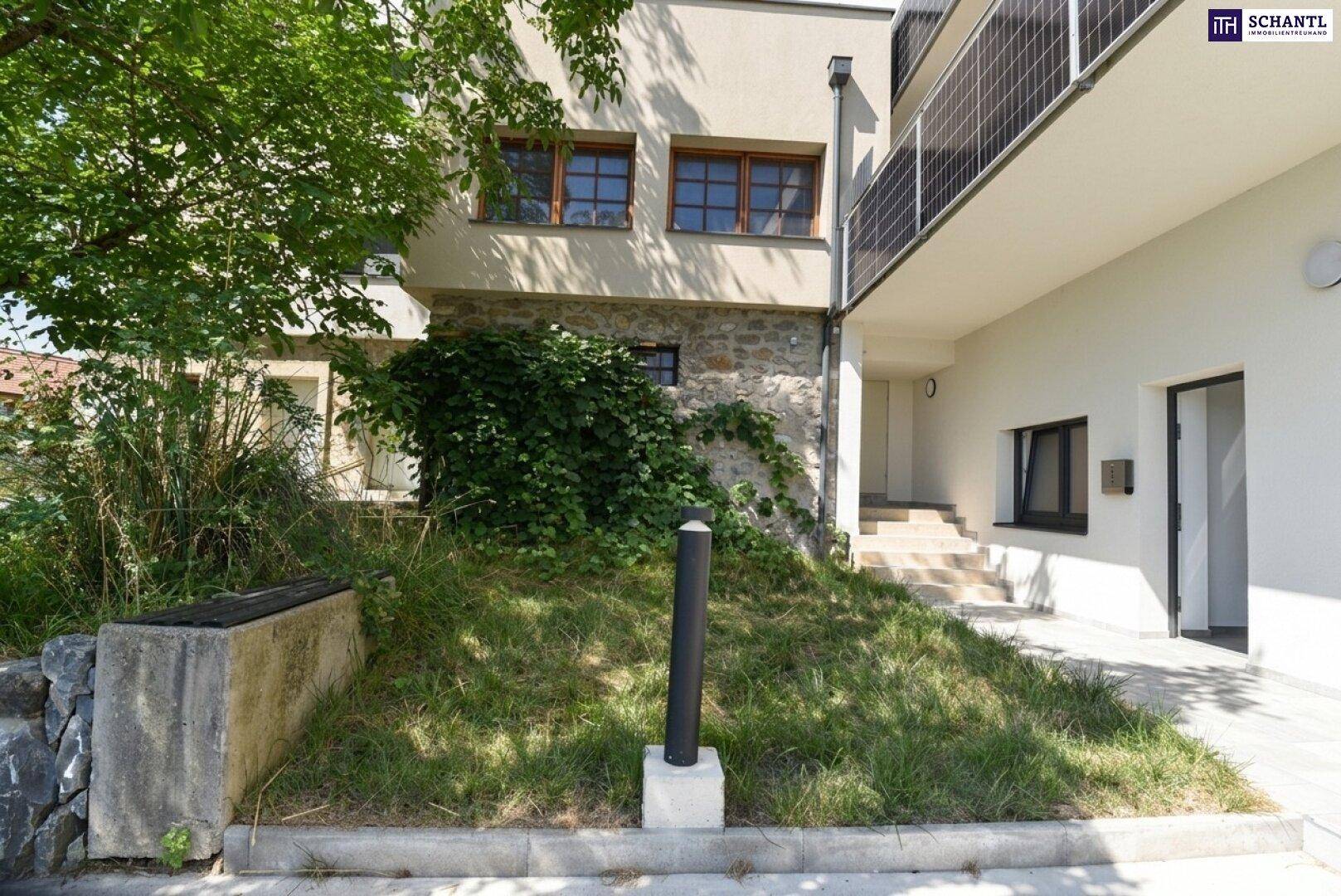 Seitenansicht eines Gebäudes mit gemischter Fassade aus Stein und Putz, umgeben von Grünflächen.