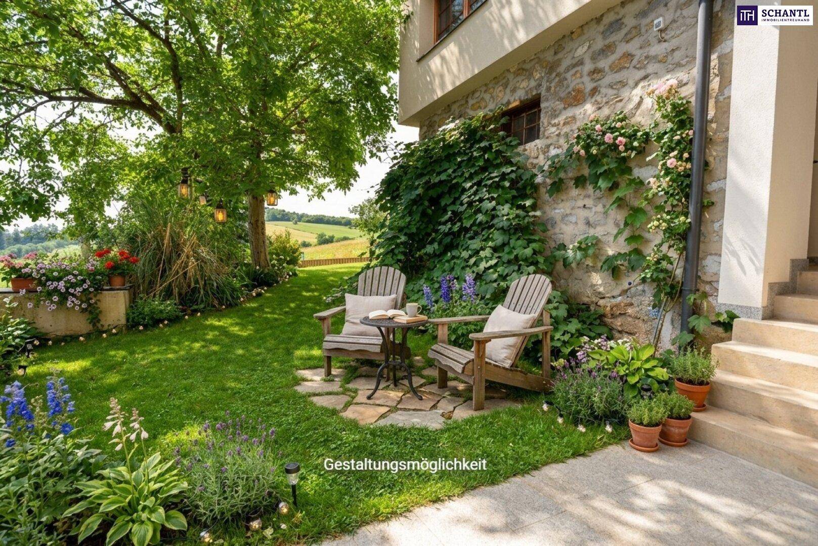 Idyllischer Gartenbereich mit Sitzgelegenheiten, umgeben von Blumen und Bäumen, als Gestaltungsmöglichkeit.