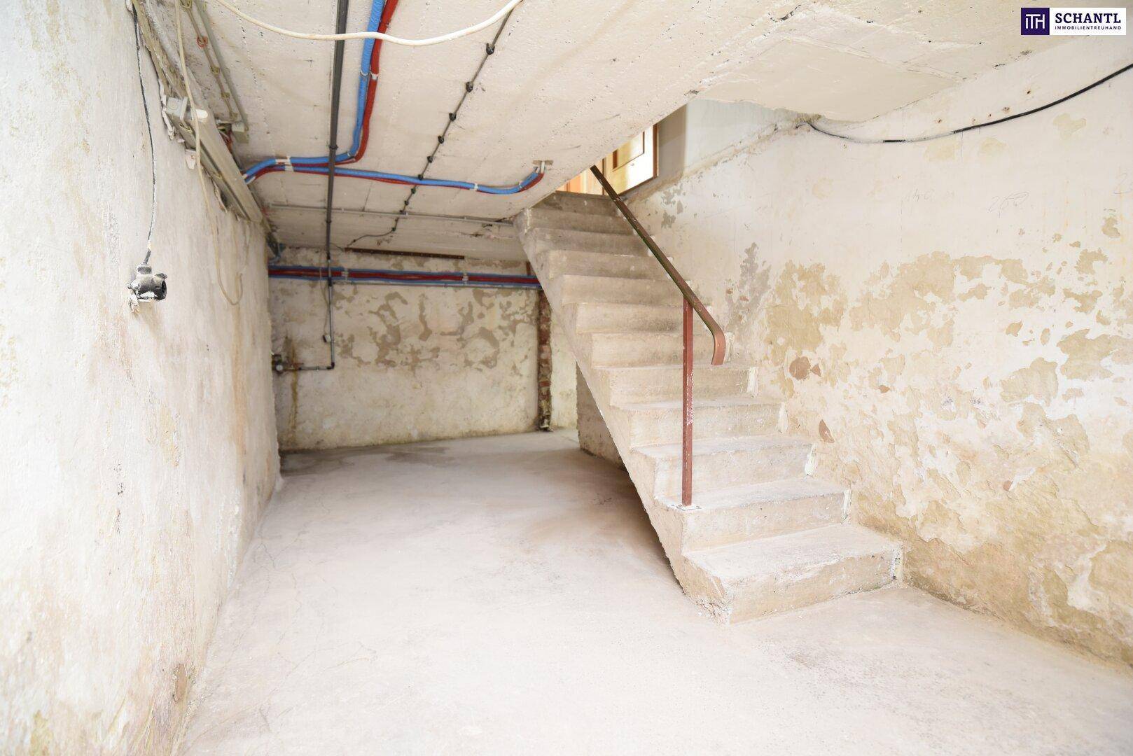 Unausgebauter Kellerraum mit Betonboden, rauen Wänden, sichtbaren Rohren und einer Betontreppe.