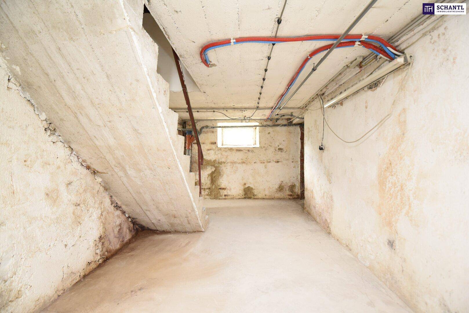 Unausgebauter Kellerraum mit Betonboden, rauen Wänden, sichtbaren Rohren und einem kleinen Fenster.