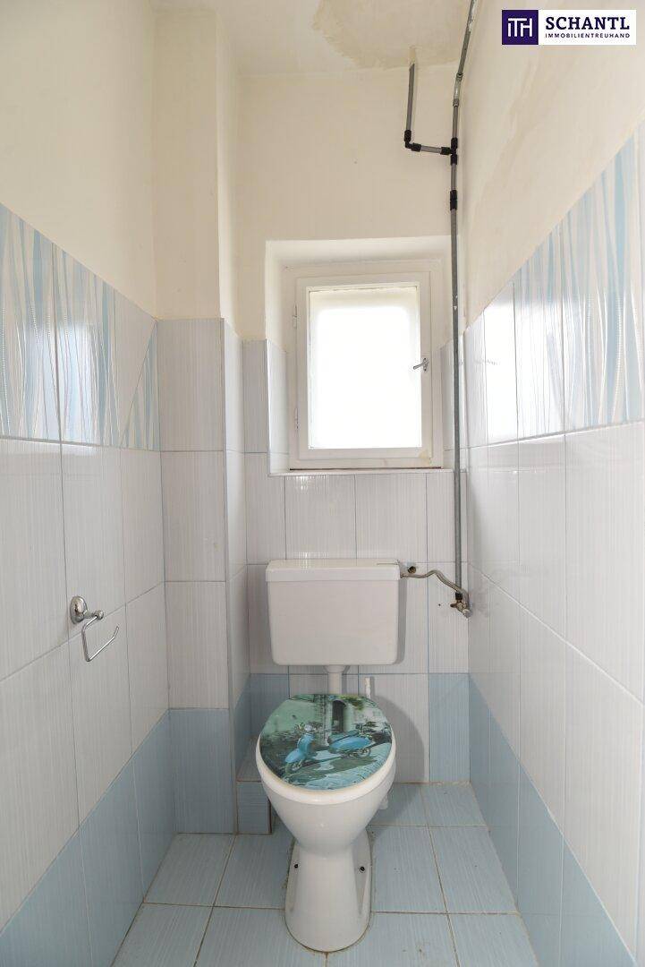 Kleines WC mit Toilette, hellblauen und weißen Fliesen sowie einem Fenster für natürliche Belüftung.