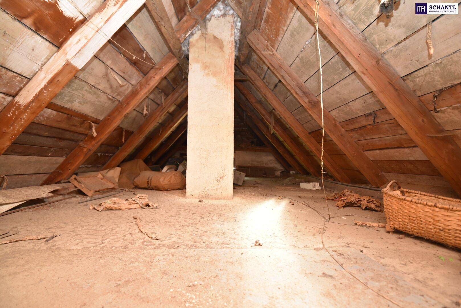 Unausgebauter Dachboden mit sichtbaren Holzbalken, einem zentralen Stützpfeiler und unfertigem Boden.