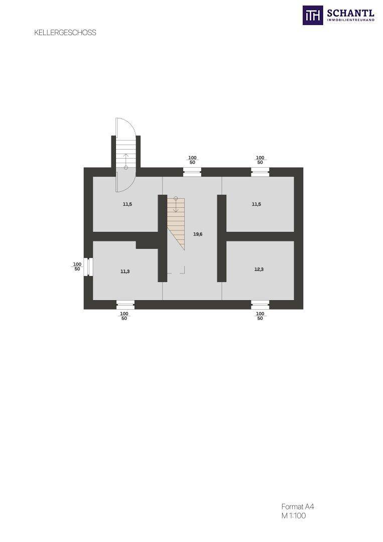 Grundriss des Kellergeschosses mit mehreren Räumen und Treppenabgang.