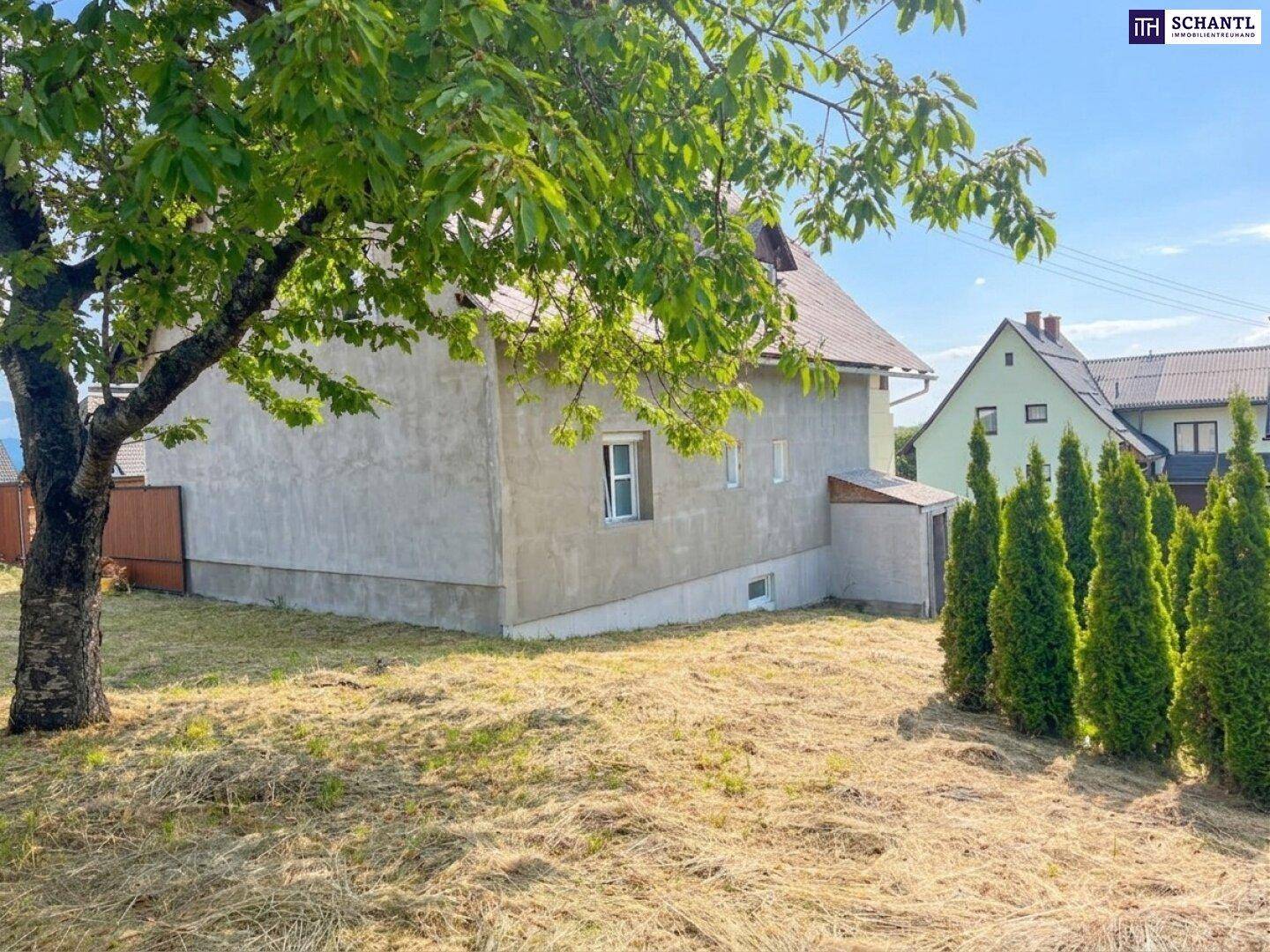 Seitenansicht eines Hauses mit verputzter Fassade und einem großen Baum im Vordergrund, sonniger Tag.
