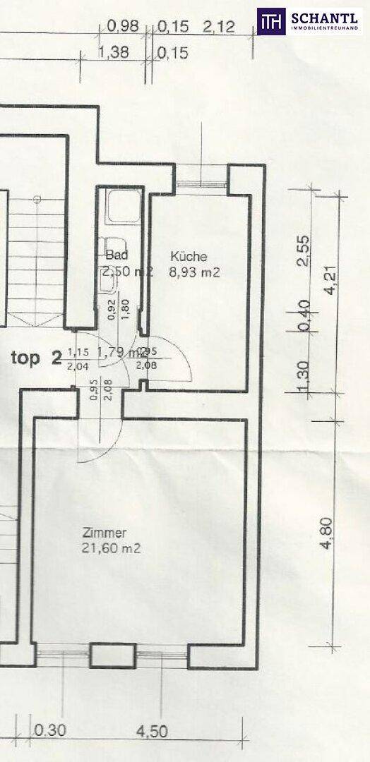 Grundriss der Wohnung mit Zimmern, Küche und Bad, inklusive Maßangaben.
