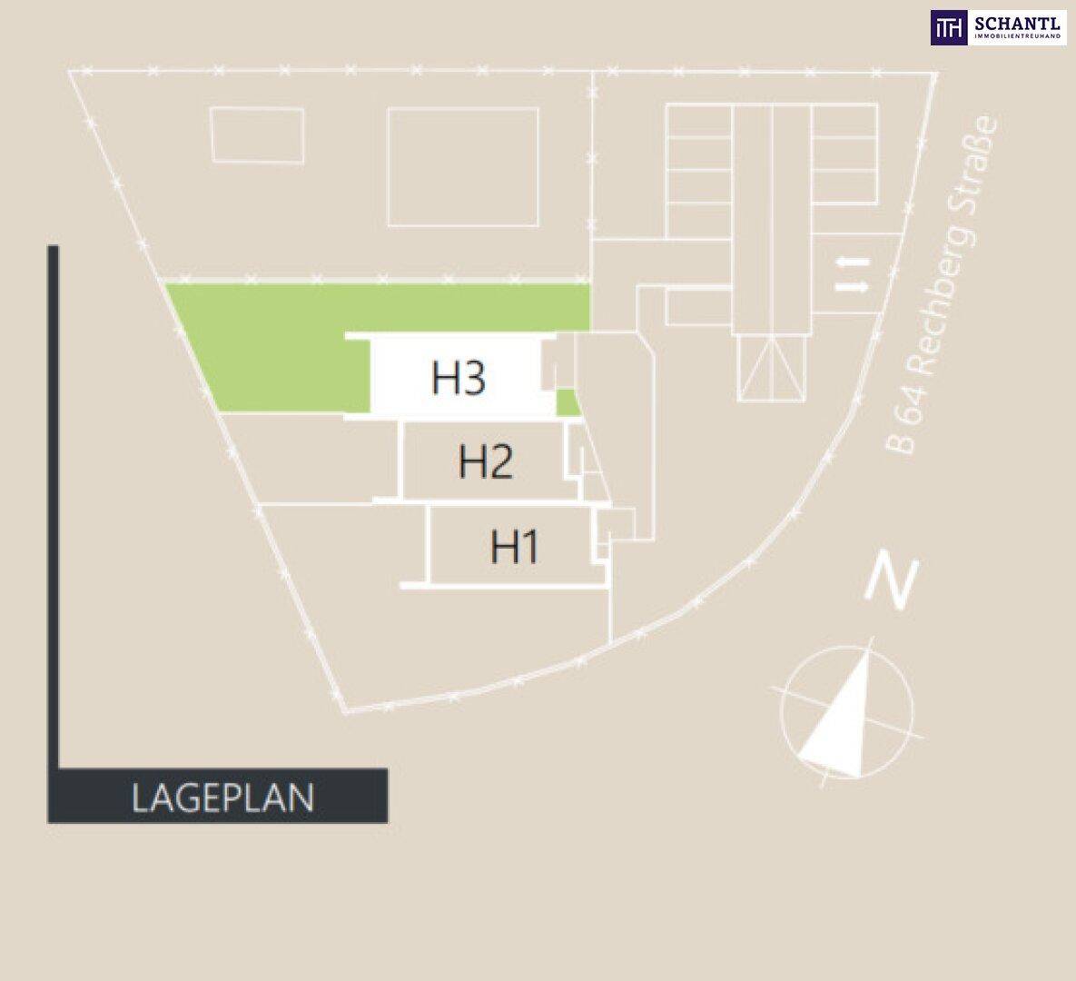 Lageplan der Reihenhausanlage mit hervorgehobenem Bereich für Haus H3 und angrenzenden Freiflächen.