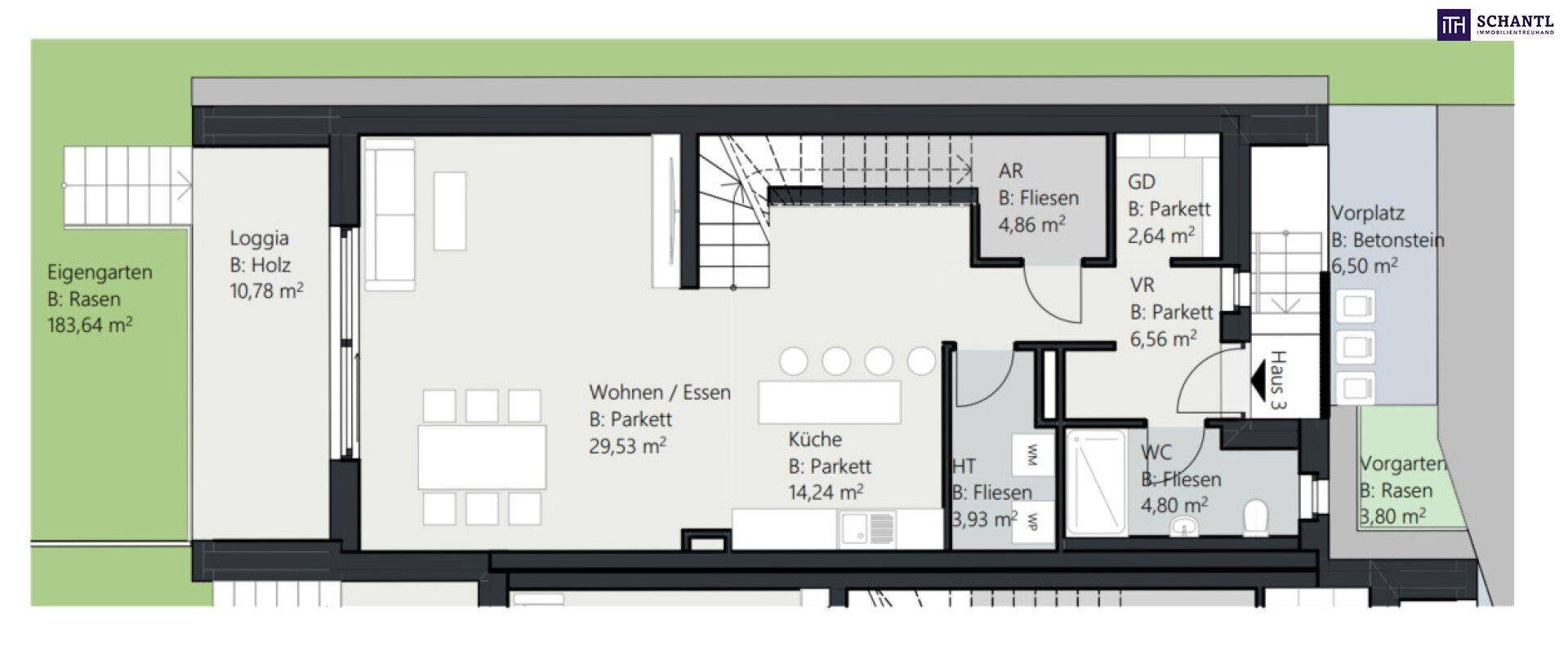 Grundriss des Erdgeschosses mit offenem Wohn-/Essbereich, Küche, Loggia und Garten.