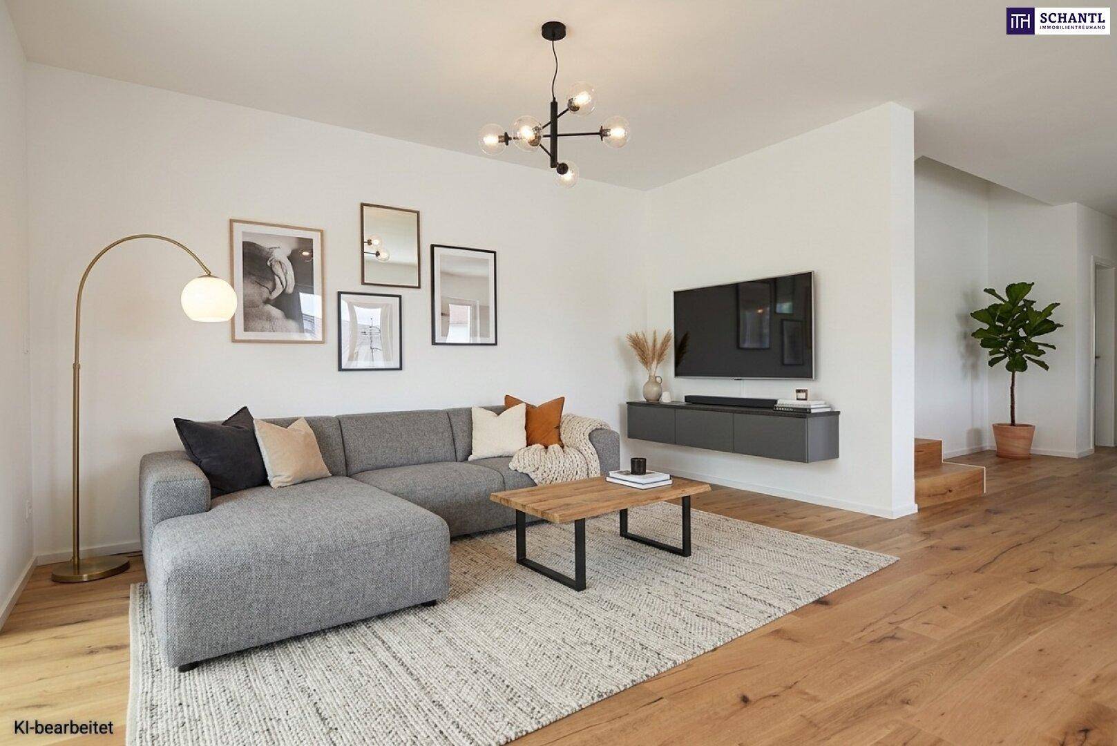 Gemütliches Wohnzimmer mit grauem Ecksofa, Holzboden und moderner Dekoration.