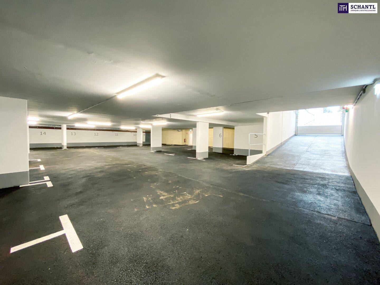 Geräumige Tiefgarage mit markierten Stellplätzen und Zufahrt.