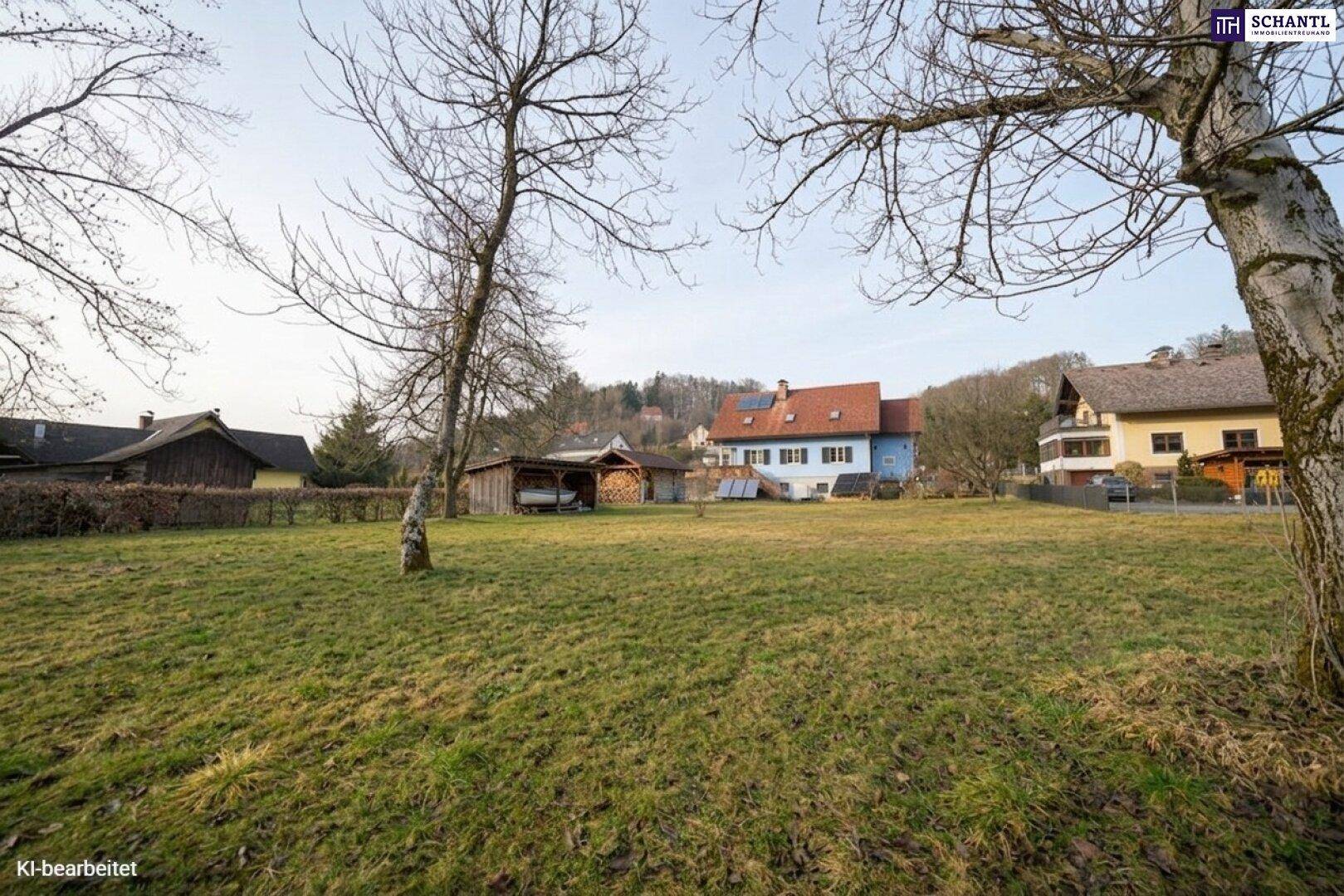 Weitläufige Rasenfläche mit Bäumen und dem Wohnhaus im Hintergrund, umgeben von Natur.