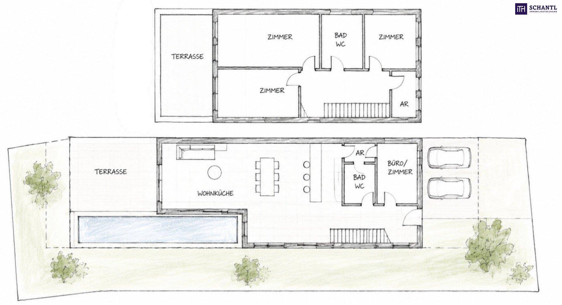 Grundrissplan eines Hauses mit zwei Etagen, Terrassen, Pool und Stellplätzen.