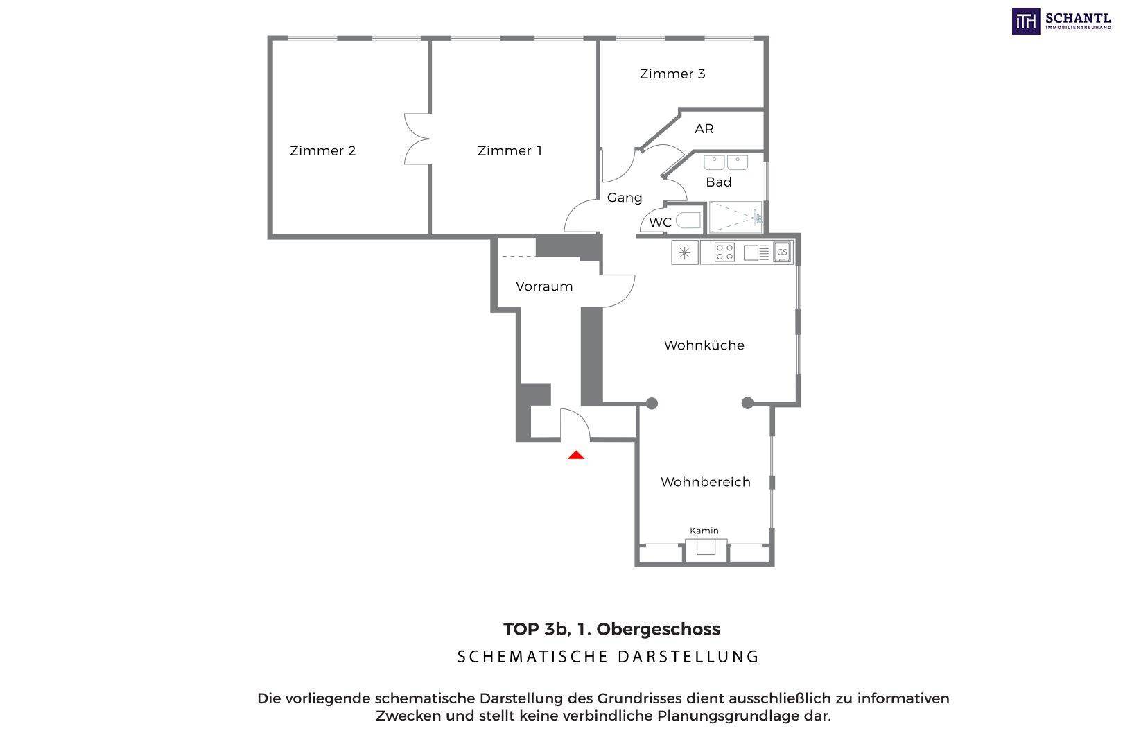 Schematische Darstellung des Grundrisses mit drei Zimmern, offener Wohnküche und separatem Wohnbereich.