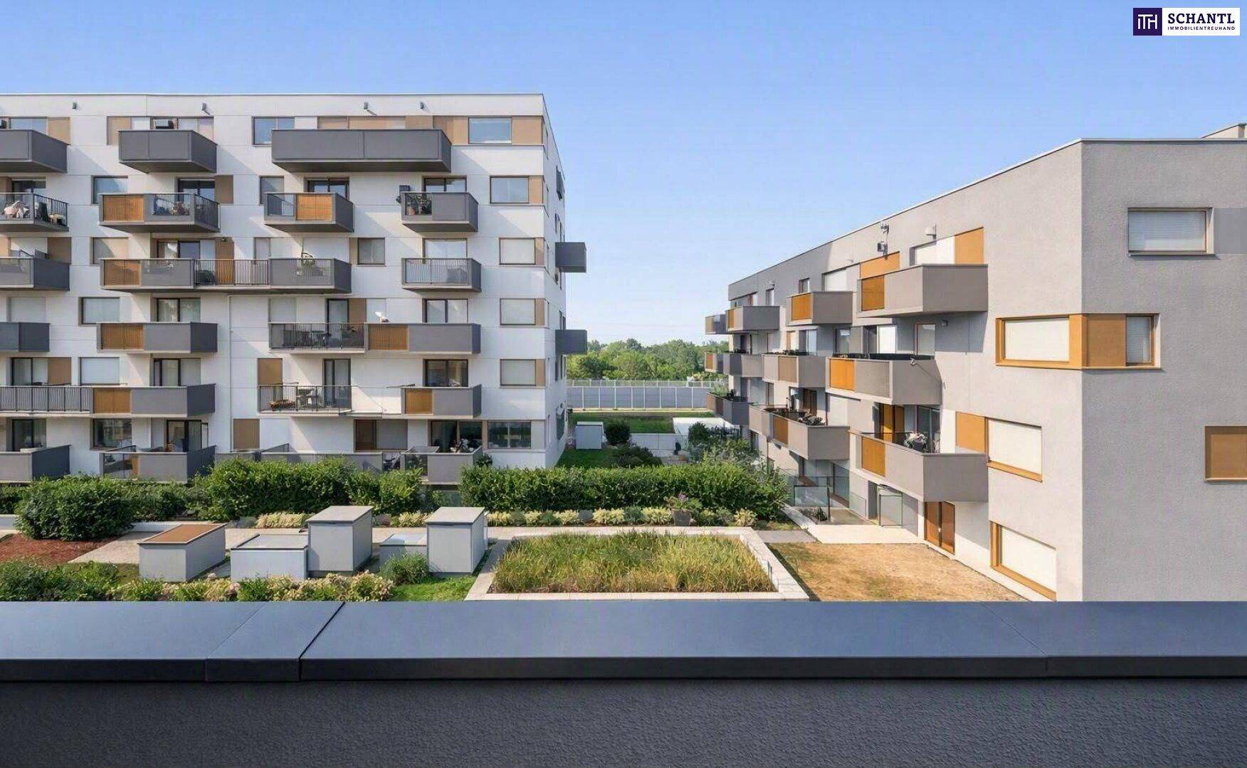 Blick auf moderne Wohngebäude mit gepflegten Grünflächen und Innenhof.