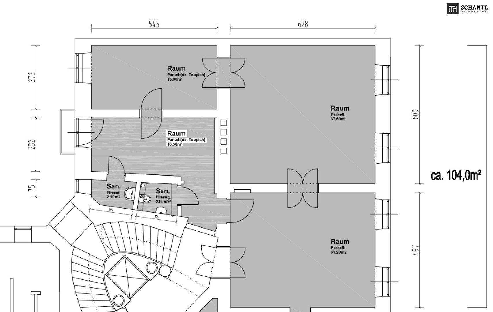 Grundriss einer Wohnung mit mehreren Räumen, Treppe und einer Gesamtfläche von ca. 104,0 m².
