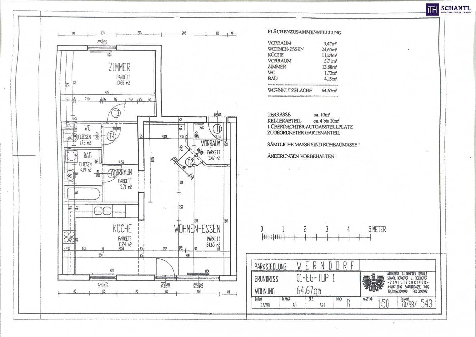 Grundriss einer Wohnung mit Wohn-Essbereich, Küche, Bad und separatem WC.