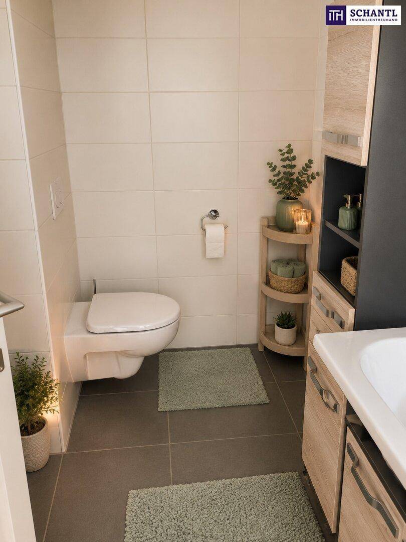 Modernes WC mit wandhängender Toilette, Fliesenboden und dekorativen Pflanzen.