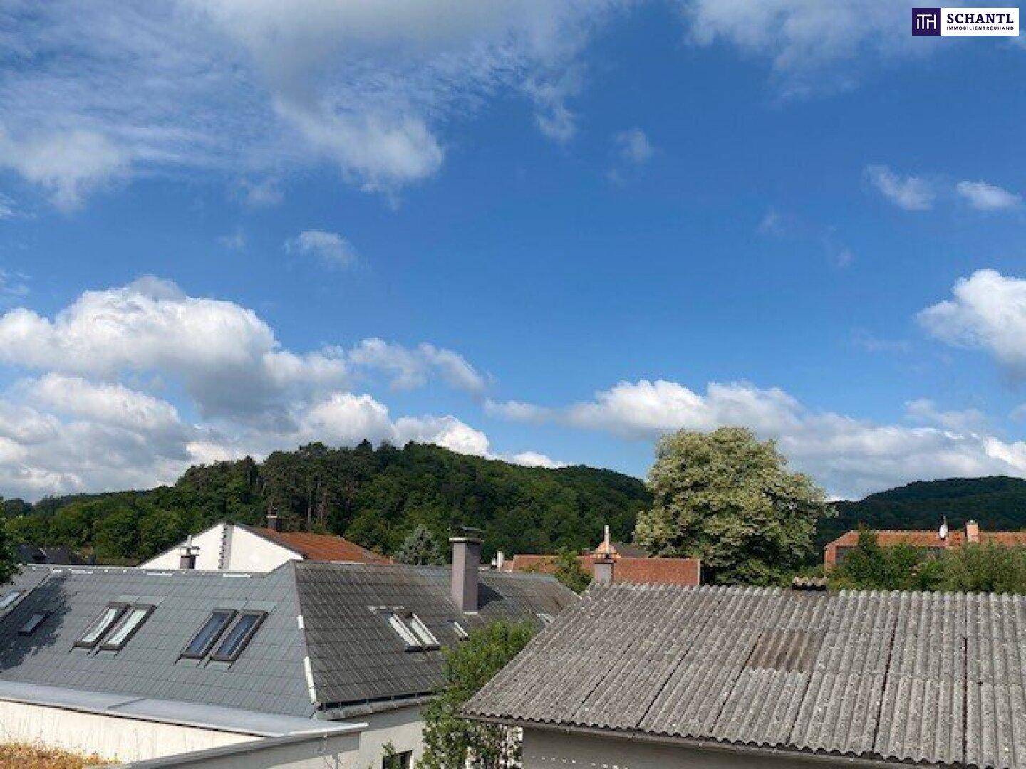 Weitläufiger Blick über Dächer und grüne Hügel unter einem blauen Himmel mit Wolken.