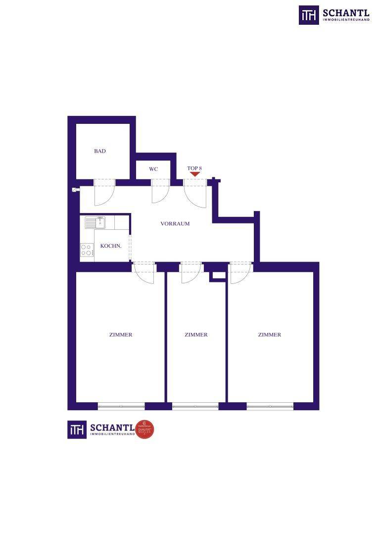 Detaillierter Grundriss einer Wohnung mit drei hellen Zimmern, separater Küche, Bad, WC und Vorraum.