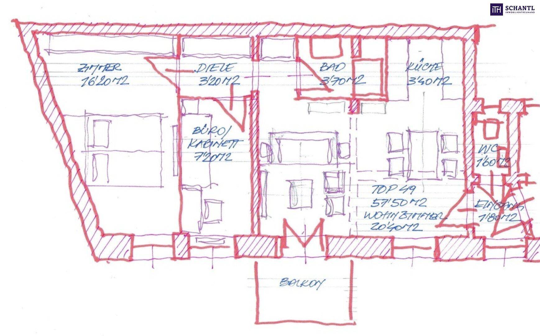 Handgezeichneter Grundriss einer Wohnung mit mehreren Zimmern, Bad, Küche, WC und Balkon.