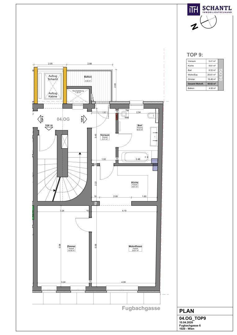Grundriss der Wohnung TOP 9 im 4. Obergeschoss mit Wohn-Essbereich, Schlafzimmer, Küche, Bad und Balkon.