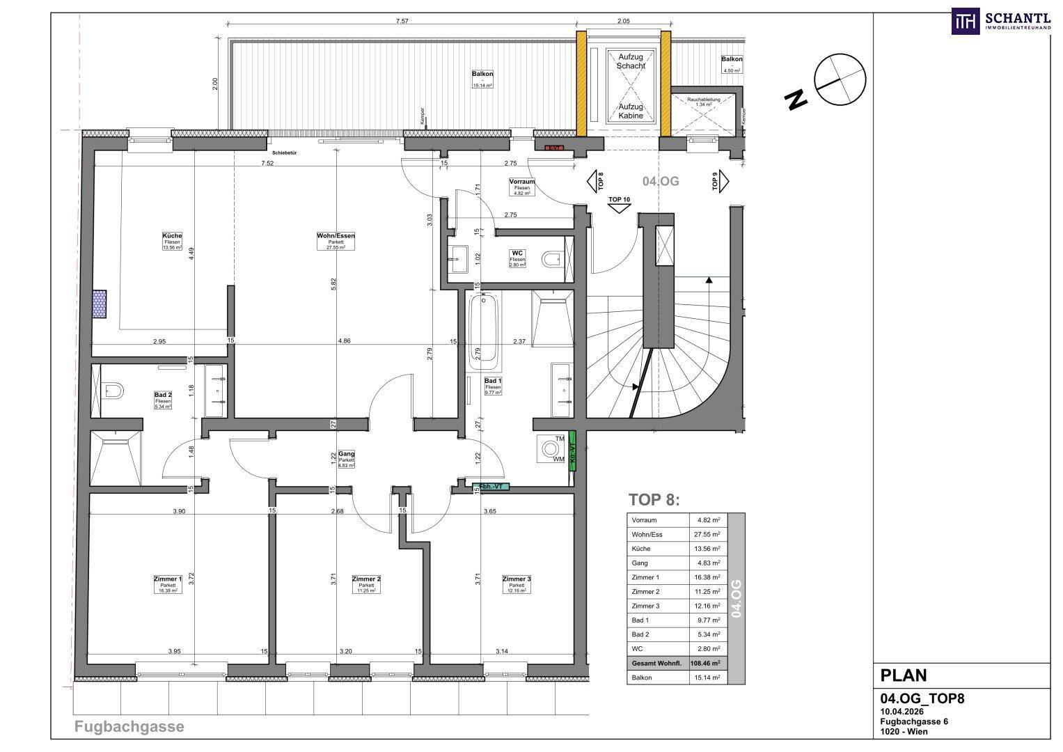 Grundrissplan einer Wohnung im 4. Obergeschoss mit drei Zimmern, offenem Wohnbereich und Balkon.