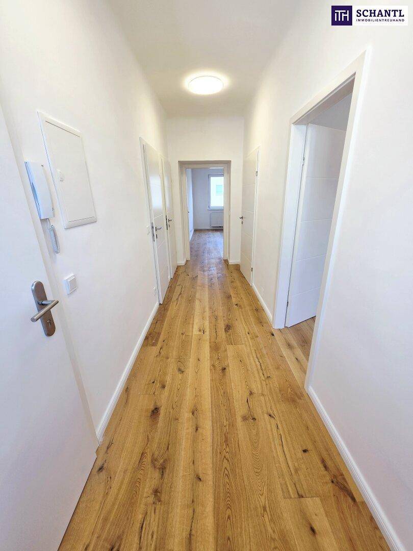 Heller Flur mit modernem Holzboden und mehreren Türen, der zu den verschiedenen Räumen führt.