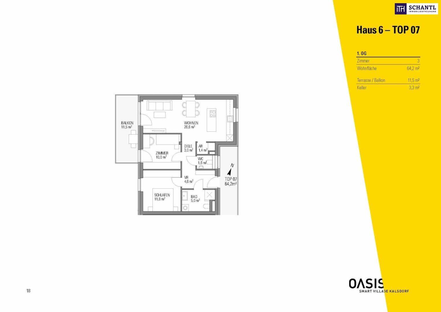 Grundriss einer Wohnung mit 3 Zimmern, Balkon und einer Wohnfläche von 64,2 m².