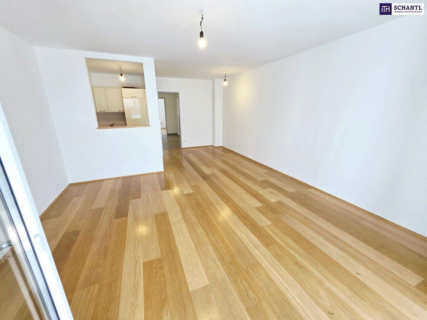 Helles Wohnzimmer mit Holzboden und offener Küchennische, ideal für modernes Wohnen.