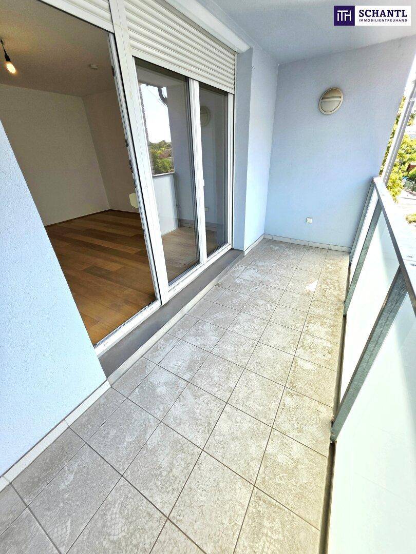 Gefliester Balkon mit Glasgeländer und Zugang zu einem hellen Innenraum durch große Fenster.