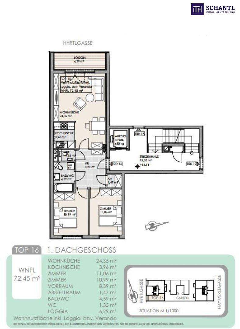 Grundriss des Dachgeschosses mit offener Wohnküche, Loggia und separatem WC.