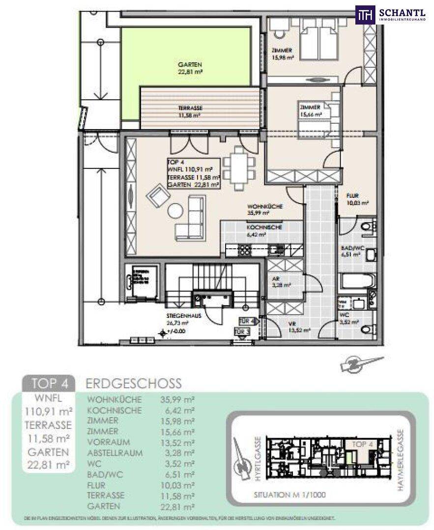 Grundriss des Erdgeschosses mit offener Wohnküche, Terrasse und Gartenbereich.
