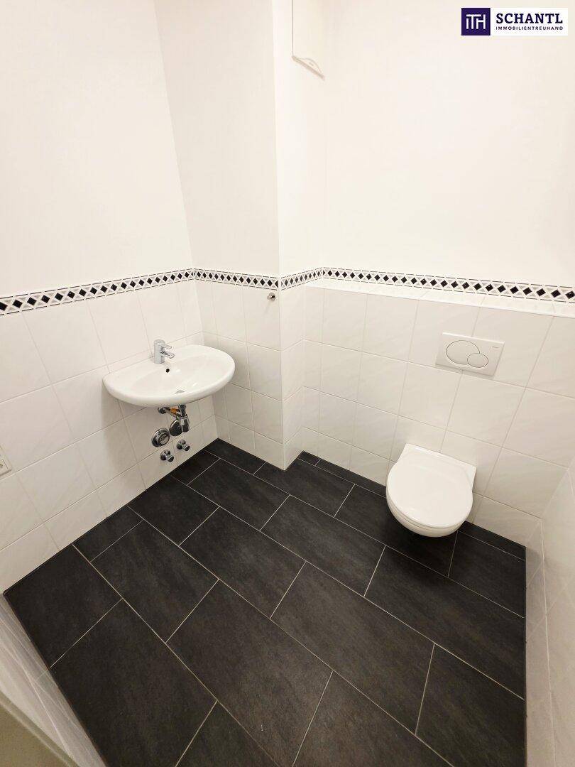 Modernes Gäste-WC mit dunklen Fliesen und wandhängendem WC, sauber und funktional.
