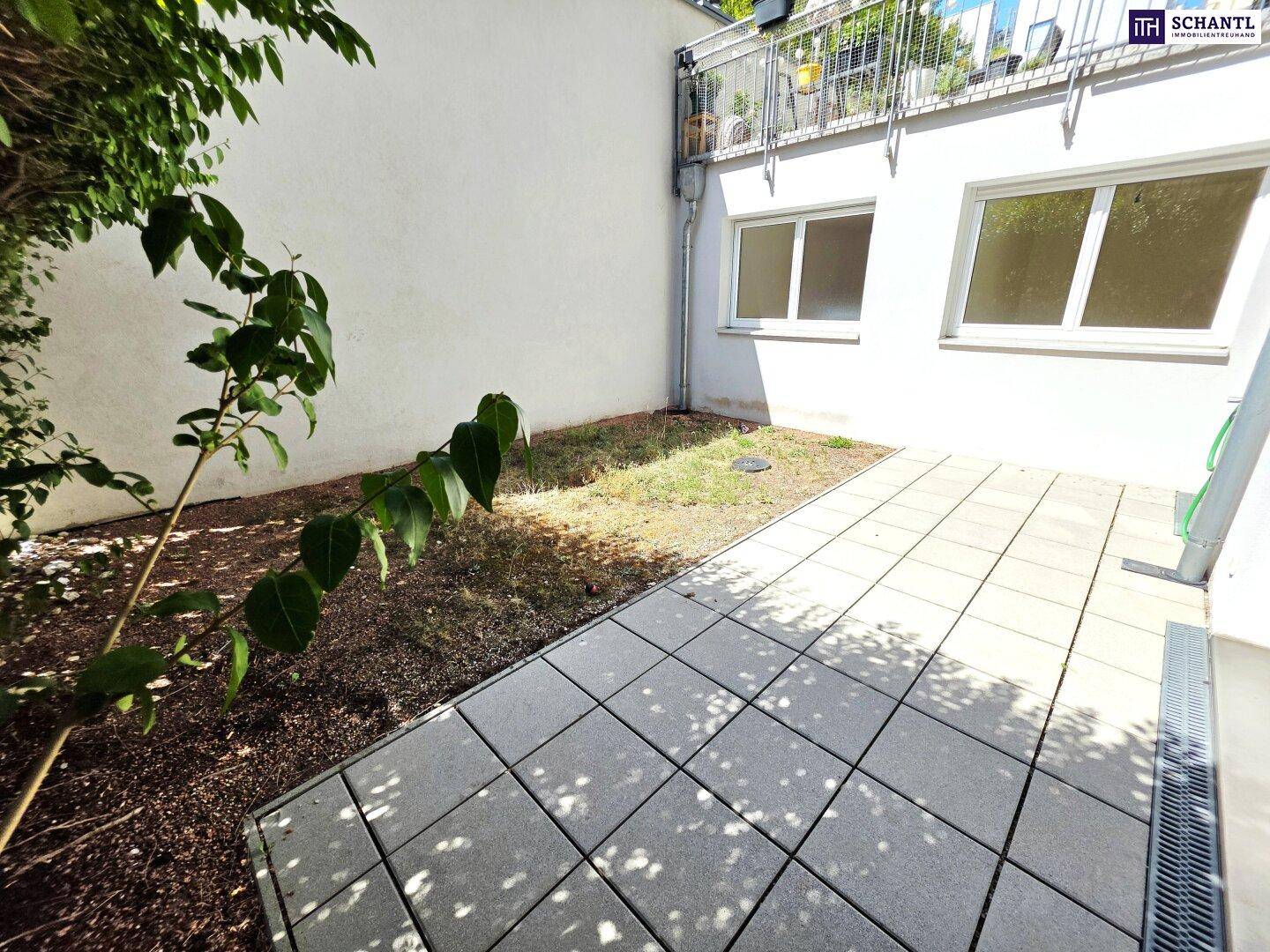 Kleine gepflasterte Terrasse neben dem Gebäude, umgeben von Grünflächen.
