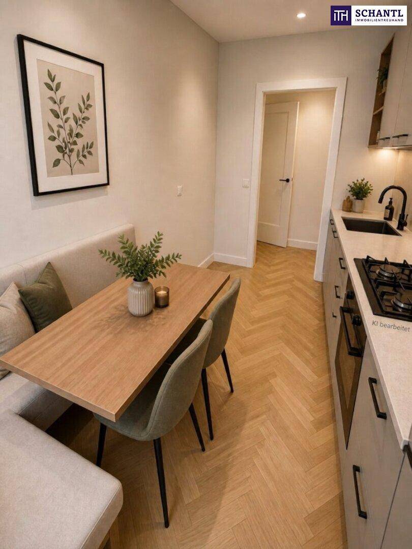 Moderne Wohnküche mit integrierter Sitzbank, Holztisch und Gasherd, ideal für Mahlzeiten.