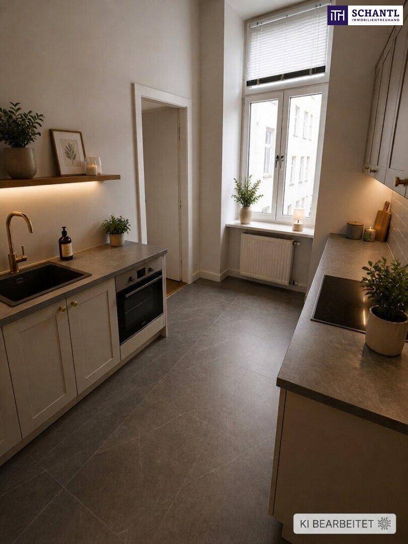 Funktionale Küche mit hellgrauen Schränken, integriertem Backofen und Induktionskochfeld unter einem Fenster.