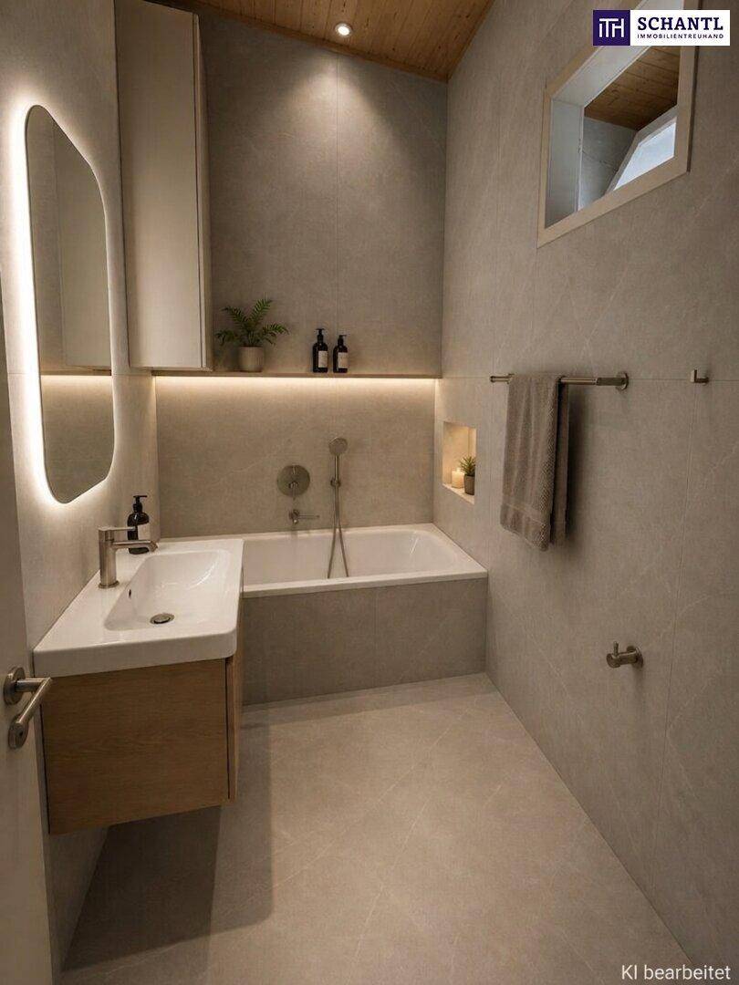 Modernes Badezimmer mit Badewanne, Einzelwaschbecken und eleganten grauen Fliesen sowie Holzdecke.