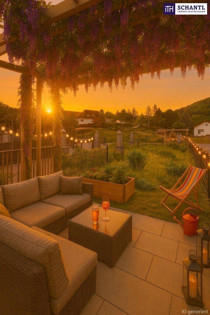 Stimmungsvolle Terrasse bei Sonnenuntergang mit Pergola, Lichterketten und gemütlicher Sitzecke.