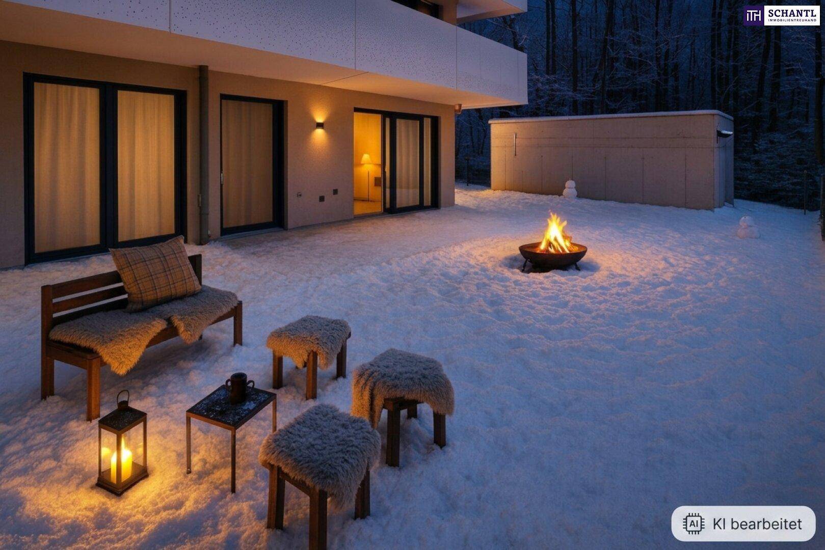 Winterliche Terrasse mit Feuerstelle, gemütlichen Sitzgelegenheiten und Laternen im Schnee.