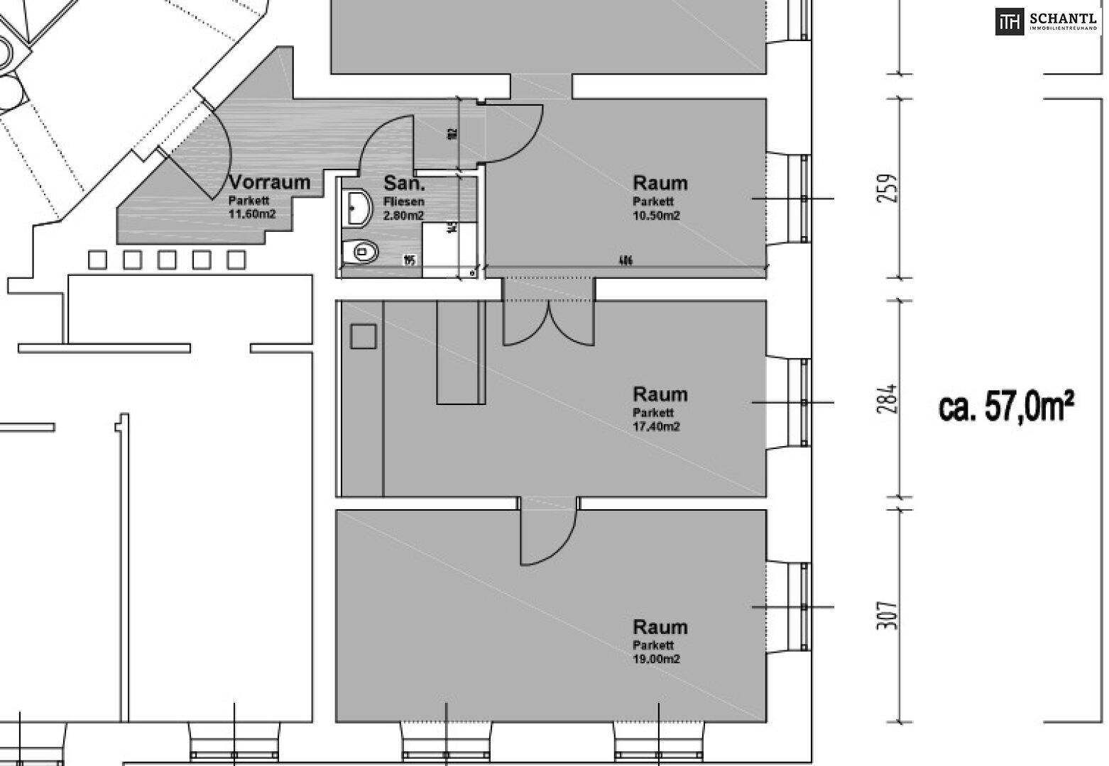 Grundrissplan mit mehreren Räumen, einem Vorraum und einem Sanitärbereich, inklusive Flächenangaben und Bodenbelägen.