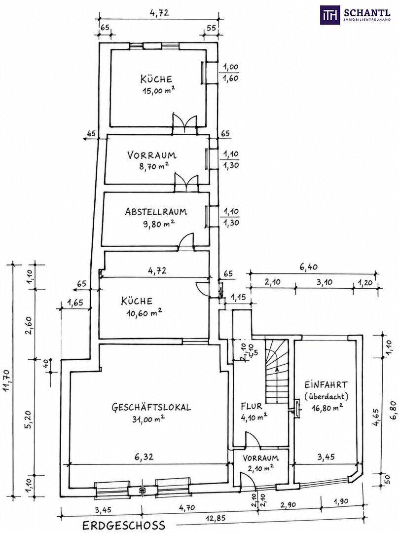 Grundriss des Erdgeschosses mit Küche, Vorraum, Abstellraum und Geschäftsfläche.