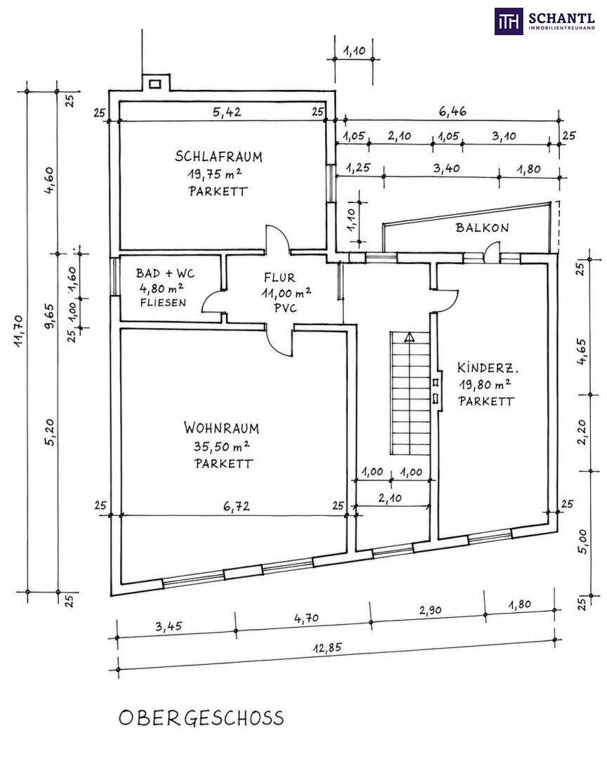 Grundriss des Obergeschosses mit Schlafzimmer, Wohnraum, Kinderzimmer, Bad und Balkon.