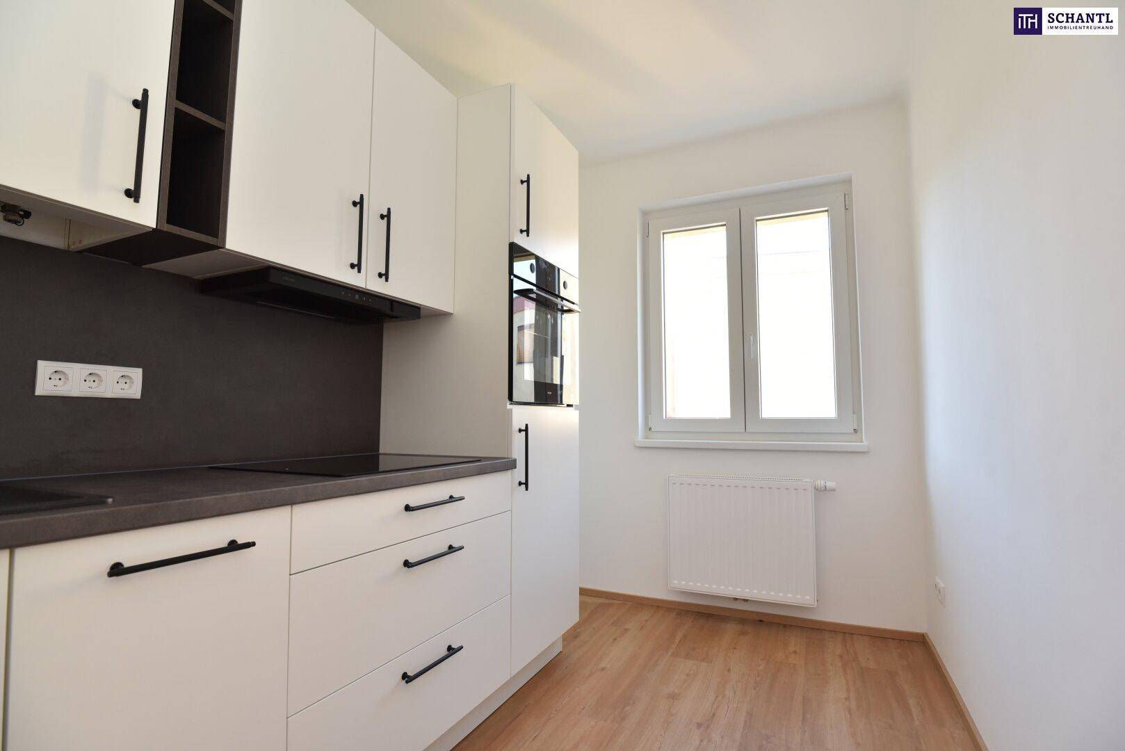 Moderne, unmöblierte Küche mit weißen Schränken, dunkler Arbeitsplatte und Fenster.