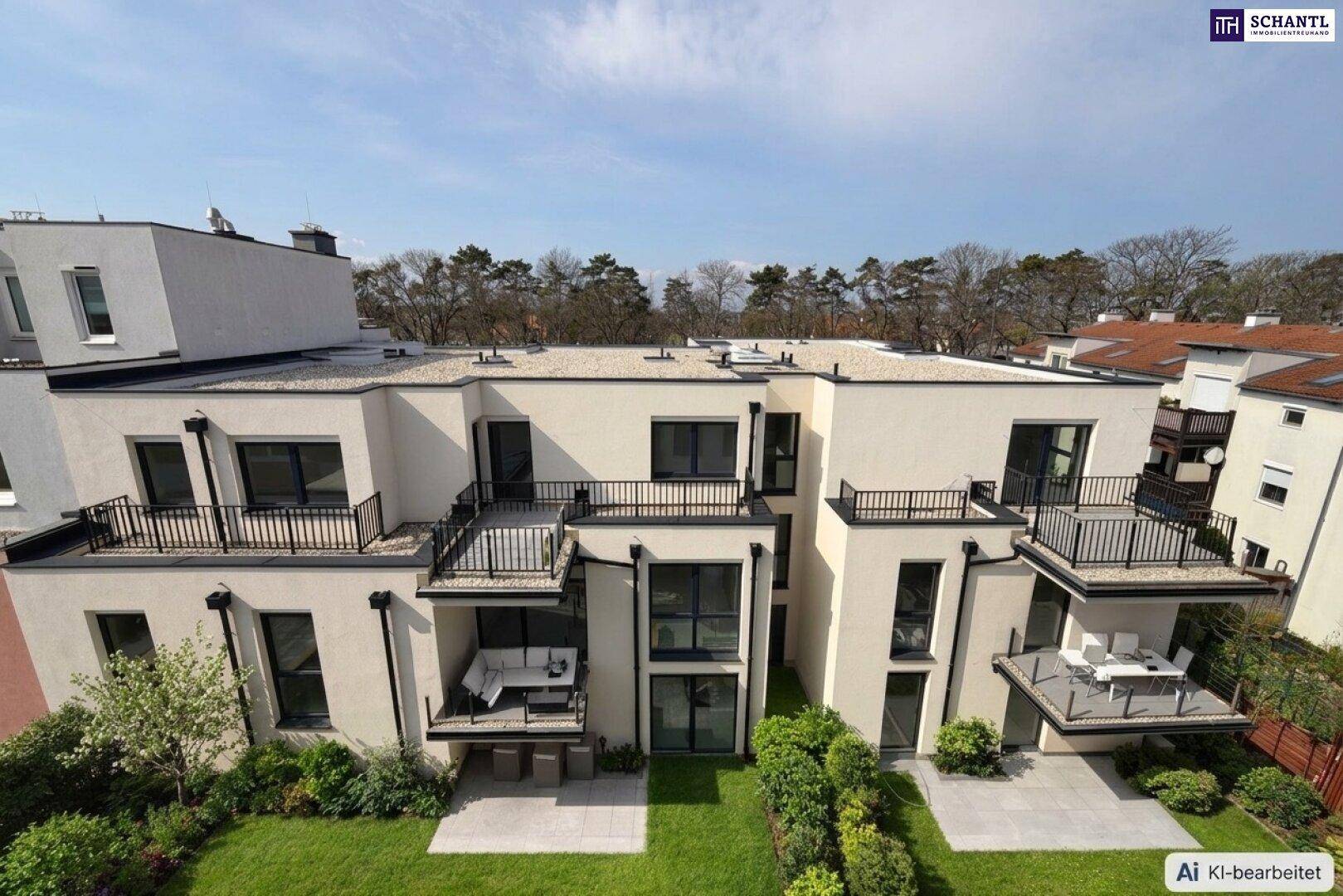 Moderne Wohnanlage mit mehreren Balkonen, Terrassen und gepflegtem Gartenbereich.