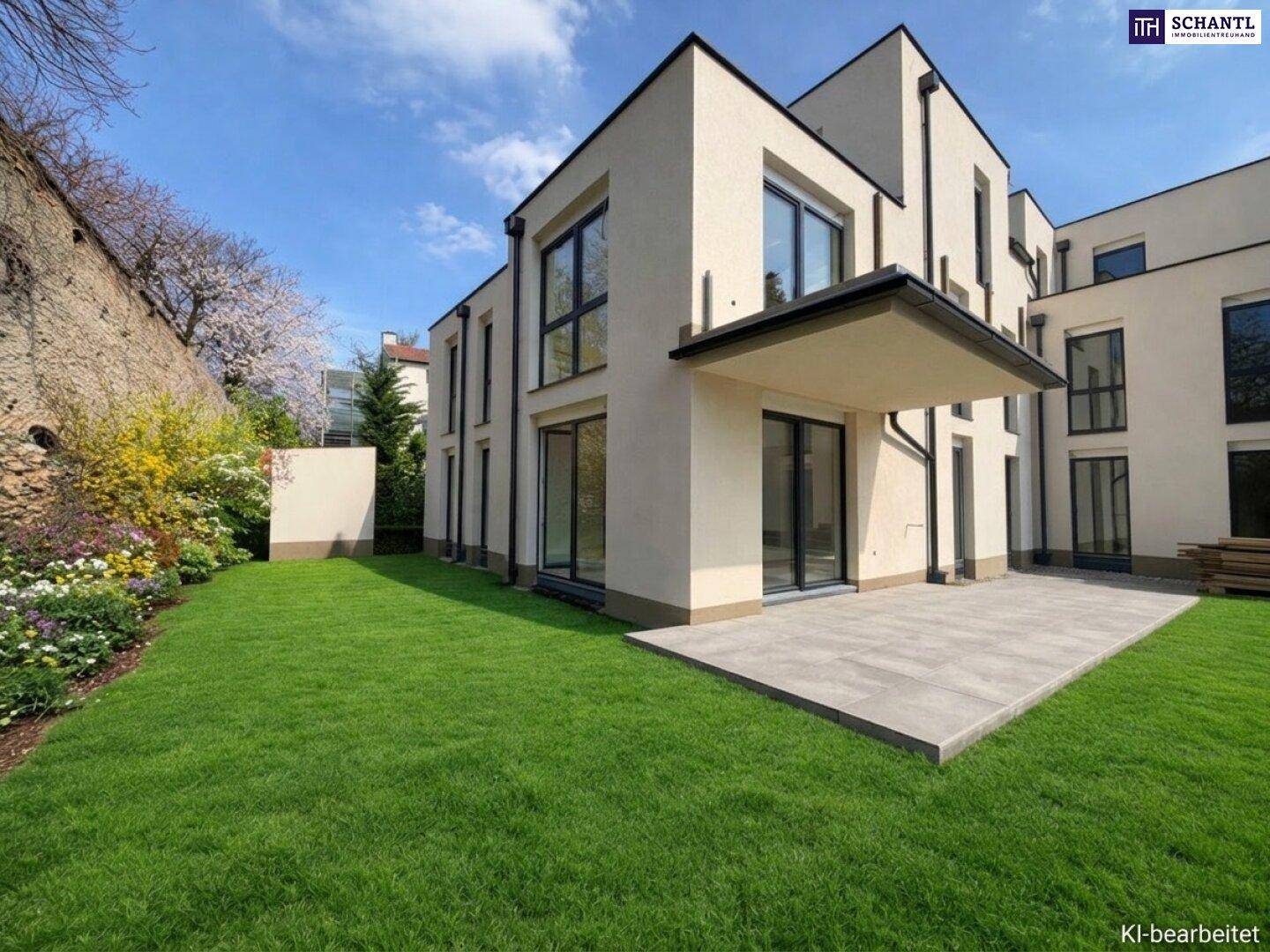 Außenansicht eines modernen Gebäudes mit einer gepflasterten Terrasse und einem grünen Rasen.
